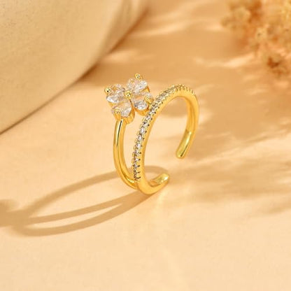 18K Gold Plated Cubic Zirconia Adjustable Open Rings for Women - color: Double Flower CZ