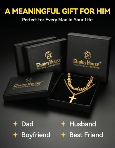 ChainsHouse Mens Cross Necklace Stainless Steel Layered Chain Cross Pendant - color: Gold
