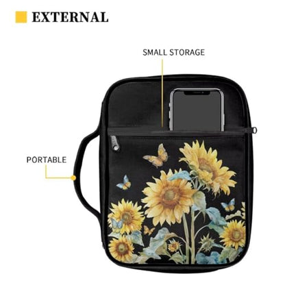 Coldinair Sunflower Bible Cover for Women Girls Butterfly Bible Case Scripture Study Carrying Book Cover Church Bag Protective with Handle and Zippered Pocket - color: Sunflower Butterfly