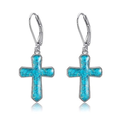 Cross Earrings 925 Sterling Silver Dangle Earring Gifts for Women - style: Turquoise Cross