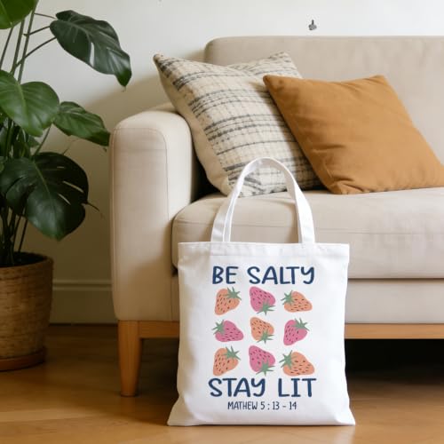 Christian Tote Bag Religious Gifts Canvas Bags for Women Men Shopping Work Gym Picnic Travel - color: Be Salty Stay Lit