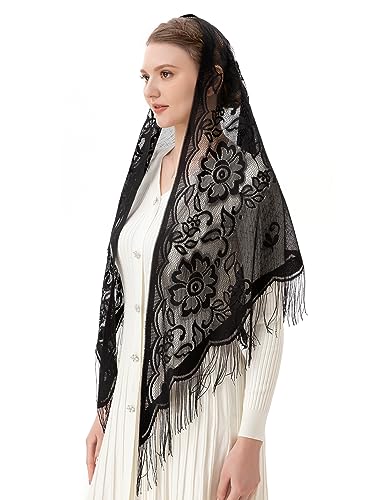 PAMOR Triangle Catholic Church Veil Chapel Veil Scarf Mantilla Veils Wrap Shawl Mass Head Covering with Fringe Trim - color: Black