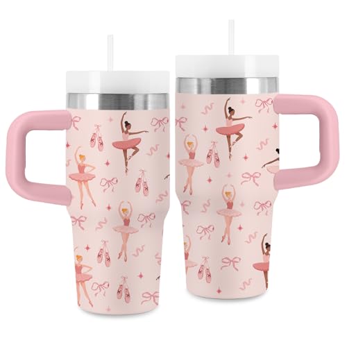 Ballet Gifts for Girls - Kids 14 oz Tumbler with Handle and Straw, Stainless Steel Insulated Ballerina Cup, BPA Free Tumblers Birthday Gift for Dance Lover, Outdoor Sports, Travel (Pink) - color: Ballet1