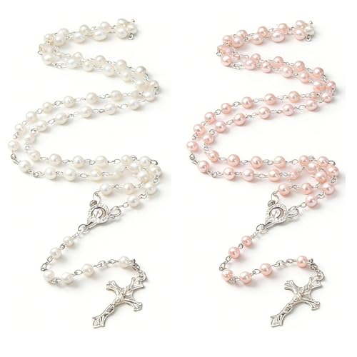 Pink & White Pearl Rosary Beads, Catholic Necklace for Women, 2 Pack