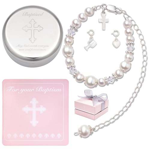 Tryuunion Baptism Bracelet in 925 Sterling Silver and Cultured Pearls for Baby Girls, Comes with a Unique Silver-plated Jewelry Keepsake Box, Christening and Baptism Gifts For Girl, Includes 3 Charms - style: Complete Set