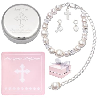 Tryuunion Baptism Bracelet in 925 Sterling Silver and Cultured Pearls for Baby Girls, Comes with a Unique Silver-plated Jewelry Keepsake Box, Christening and Baptism Gifts For Girl, Includes 3 Charms - style: Complete Set