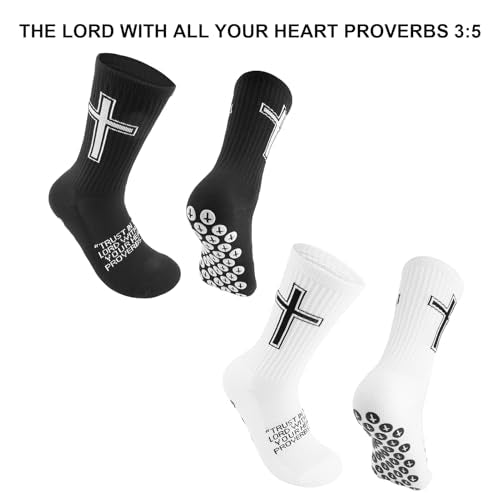 Christian Soccer Socks,Cross Grip Anti Slip Religious Football Socks with Rubber Dots for Youth and Men - color: White and Black