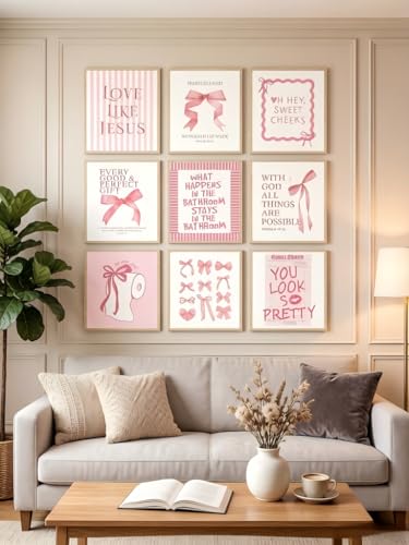 Pink Bow Bathroom Wall Art 9Pcs Bathroom Wall Decor Preppy Girly Posters - color: pink