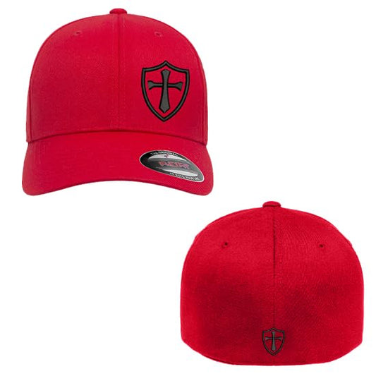 Crusader Cross Military Logo Front and Back Embroidered Fitted Hat Black Grey Navy Red Olive Royal Blue Curved or Flat Brim - color: Red Curved, size: Large-X-Large