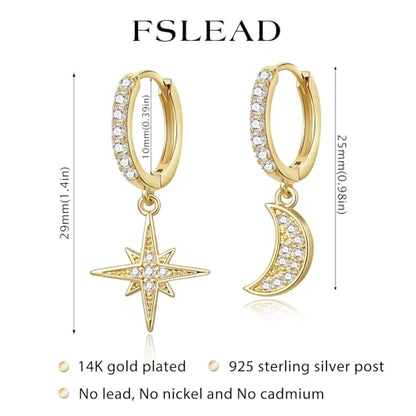 14K Gold Earring Cross Waterdrop Butterfly Heart Knot Earrings for Women Gold Silver Cross Leverback Drop Gold Silver Teardrop Hoop Dangle Earring White Gold Dangle Drop Earring - color: Gold-Moon Star Earrings