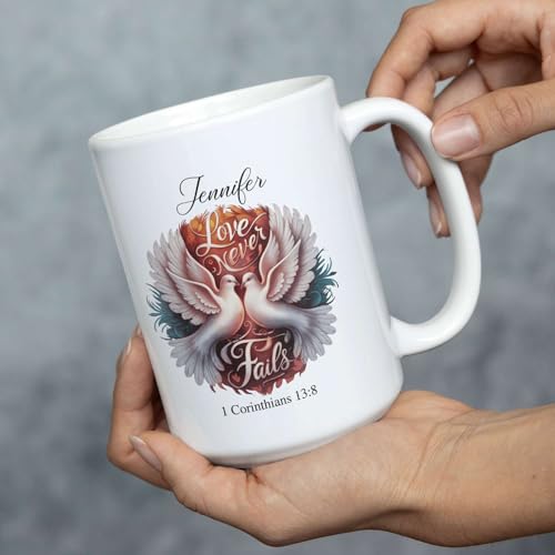 Novelty Cup Featuring Two Doves Design, Personalized Name Christian Coffee Mug, Custom Religious Ceramic Cup 11oz 15oz, Gift For Men Women, Customized Bible Verse Accent Mug, Christian Cup - color: HOA-624-2158-LOVE NEVER FAILS MUG