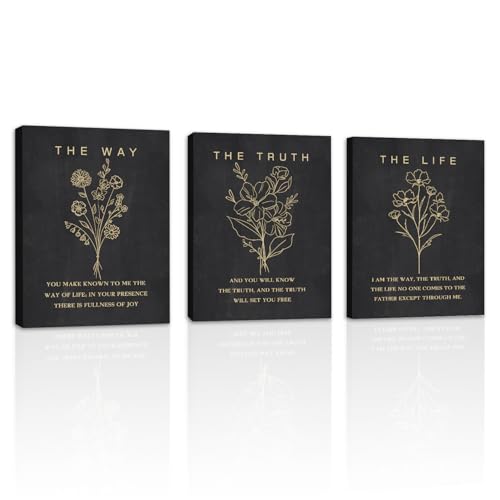 HOURIA Framed Boho Floral Christian Bible Verse Canvas Wall Art Set,12”*16”Inch The Way The Truth The Life Scriptures Poster Black Minimalist Botanical Flower Bible Wall Decor for Living Room Bedroom - color: Floral Christian Wall Art, size: 12X16inches