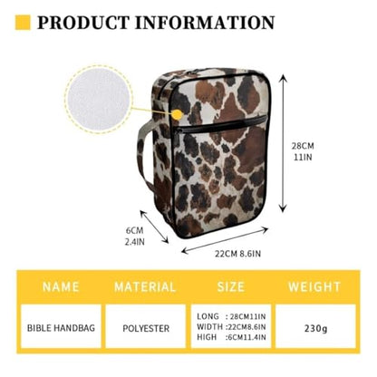 Coldinair Brown Cow Print Bible Covers Bag for Men Women,Durable Carrying Book Case Church Bag Bible Holder with Handle and Zippered Pocket - color: Brown Cow Print-2