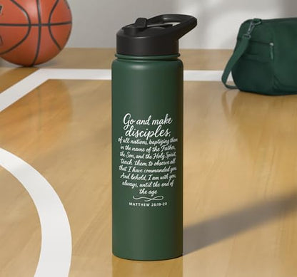 Go Make Disciples Matthew 28: 19 20 Bible Verse Scripture Stainless Steel Insulated Water Bottle - color: Dark Green