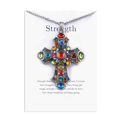 Alilang Silver Tone Stained Glass Rhinestone Patonce Cross Pendant Necklace with Religious Message Card & Envelope Christian Jewelry - style: Strength and Struggle