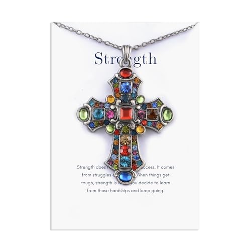 Alilang Silver Tone Stained Glass Rhinestone Patonce Cross Pendant Necklace with Religious Message Card & Envelope Christian Jewelry - style: Strength and Struggle