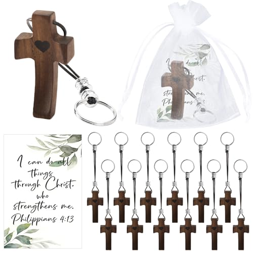 INSYOHO 12Pcs Wooden Cross Fidget - Small Pocket Cross My Heart Keychain with Card Organza Bag, Stress Anxiety Relief Encouragement Inspirational Handheld Prayer Keychain Christian Religious Gift
