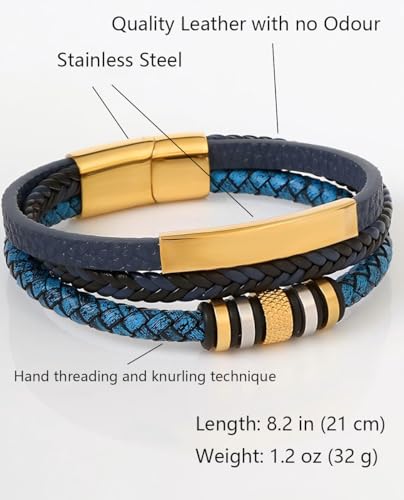 Kim Carrey Italian Handmade Leather Bracelets for Men - color: Braided Gold Blue, size: 8.2"