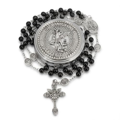 Nazareth Store St Michael Rosary Hematite Stone Beads Necklace Metal Beaded Glory Beads Archangel Medal & Cross with Metal Gift Box - color: Silver | St.Michael Cross