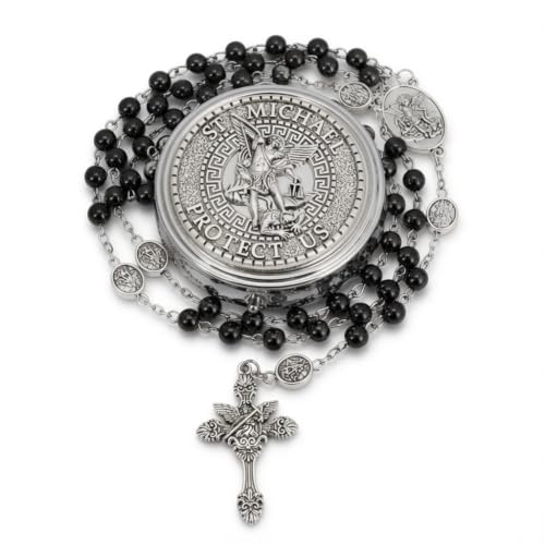 Nazareth Store St Michael Rosary Hematite Stone Beads Necklace Metal Beaded Glory Beads Archangel Medal & Cross with Metal Gift Box - color: Silver | St.Michael Cross