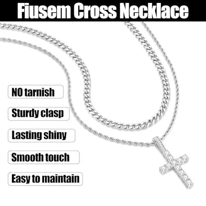 Fiusem Layered Cross Necklace for Men, Stainless Steel Cuban and Rope Chain - color: Silver, size: 16/18 inches