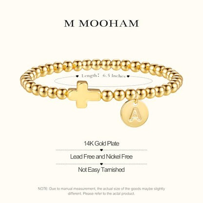 M MOOHAM Cross Initial Bracelets for Women, Letter A-Z Gold Beaded Bracelet - color: F