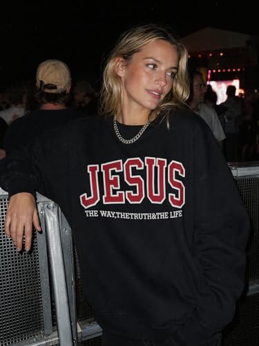 Christian Sweatshirts for Women Jesus Fleece Oversized Pullover Faith God Tops Crewneck Y2K Longsleeve - color: 2-black, size: Medium