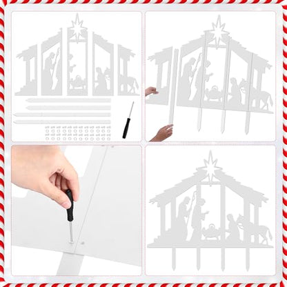 Cinnvoice 40" x 31" Large Christmas Metal Yard Stakes Christmas Garden Stakes Waterproof Xmas Outdoor Yard Decor with Stake for Xmas Holiday Lawns Outdoor Decor(Nativity,White)