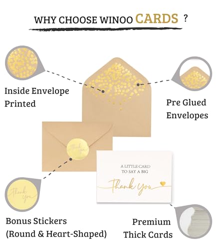 Winoo Design 100 PK Luxurious Gold Thank You Cards with Envelopes Bulk - 5x3.5 Inches Wedding Thank You Notes Baby Shower Greenery Bridal Shower Small Business (WHITE) - color: WHITE