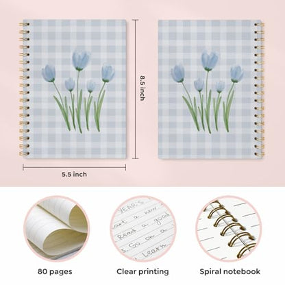 VONTP Cute Blue Tulip Floral Spiral Notebook Journal, 5.5x8.3 - color: Flower