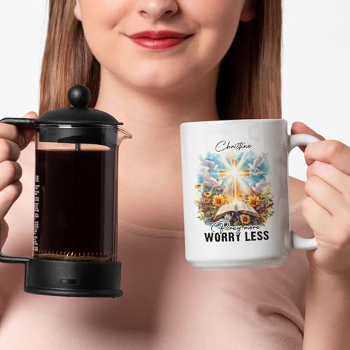 Christian Mug With Customized Name, Bible And Dove Design Ceramic Cup, Custom Christian Keepsake Mug 11oz 15oz, Personalized Christian Faith Coffee Cup, Gift For Family Member - color: HOA-624-2170-PRAY MORE WORRY LESS MUG