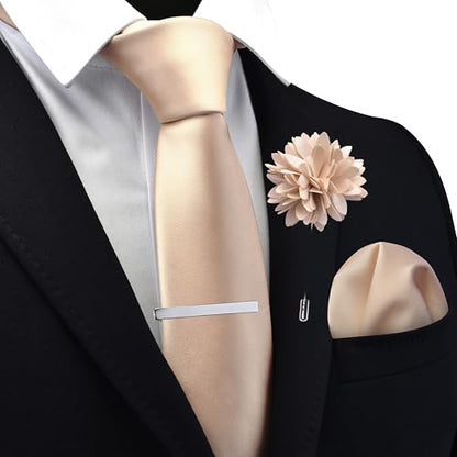 Branduce 3.15"（8cm） Mens Tie and Lapel Pin Solid Necktie Handkerchief Tie Clip Set for Men - color: Champagne