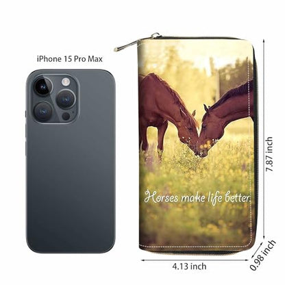 Women's Horses Make Life Better Print PU Leather Zipper Wallet, Large Capacity, Compact, Black - color: Horses Make Life Better