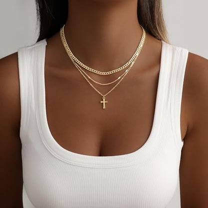 Layered Gold Necklace for Women, 14K Gold Plated Necklace Stack Set, Dainty Pendant Necklace Non Tarnish, Fashion Bow CZ Circle Star Hammered Cross Jewelry Gift for Women - color: Gold-04