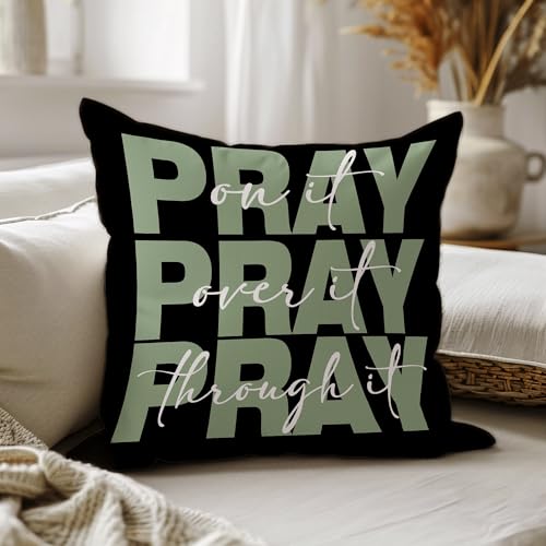 Sage Green And Black Christian Pray Decorative Throw Pillow Covers,Bible Verse Pray on over through It Pillows Covers, Abstract Spring Pillow Cases Decor for Prayer Room Couch Bedroom 18x18in - color: Black&green