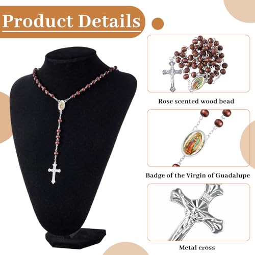 Taiyin 36 Pcs Wooden Bead Rosary Necklace with Crucifix and Our Lady of Guadalupe Scented First Communion Rosary with 36 Organza Bags Baptism Favors Catholic Gift for Men Women - color: Brown