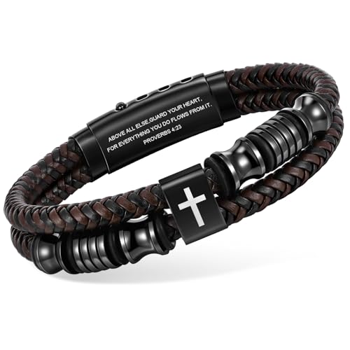 Christian Brown Leather Bracelet for Men - Double-Row Braided Leather Faith Cross Bracelets Bangle Religious Baptism Inspirational Bible Verse Jewelry Gift for Young Men Teenage, Adjustable Wristband - color: Proverbs 4:23