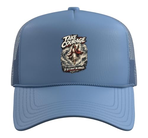 Take Courage It is I. Don't Be Afraid Bible Verse Art Trucker Hat with Adjustable Mesh Back - color: Light Blue