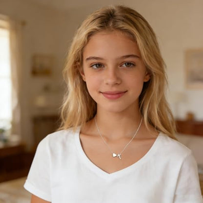 WEDDINEN First Communion Confirmation Baptism Jewelry Gifts for Teens Girls Kids,Cross Heart Necklace for Women Girls Christian Religious Stuffers Jewelry Gifts for Kids - style: First Communion-Silver