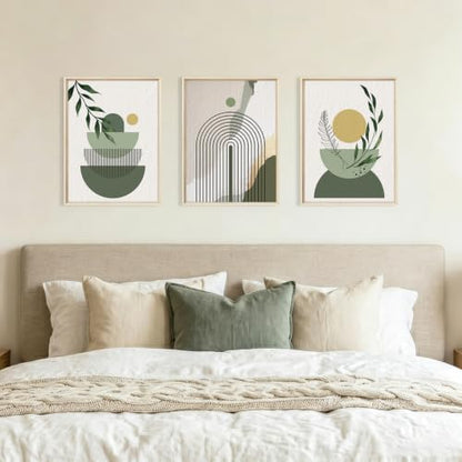 HOURIA Boho Sage Green Geometric Framed Canvas Wall Art Set- 12"x16"x3 - color: Boho Sage Green Wall Art, size: 12"L x 16"W