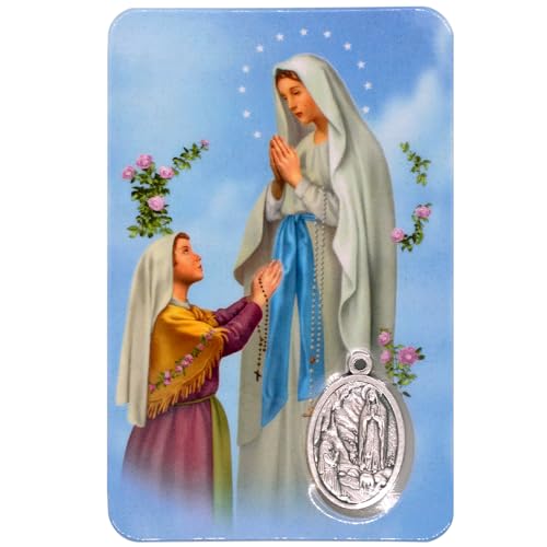 Holy Prayer Card with Built-In Medal Pendant | Laminated Full-Color Prayer Card | Great Variety | Great Christian Gift for First Communion and Confirmation (Our Lady of Lourdes with Medal) - color: Our Lady of Lourdes with Medal