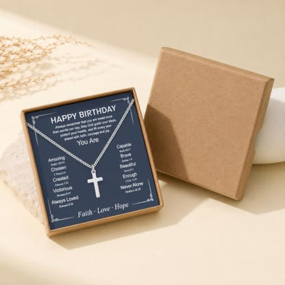 Small Cross Necklace for Boys Baptism Christmas Confirmation Valentines Easter Birthday Gifts to Teens Son Grandson Nephew - color: silver, style: Happy Birthday