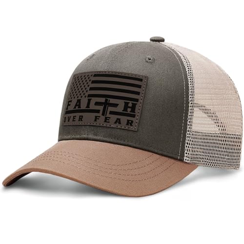 Faith Over Fear Christian Hats for Men Women, American Flag Trucker Hat, Religious Gifts for Thanksgiving Christmas - color: Grey Green