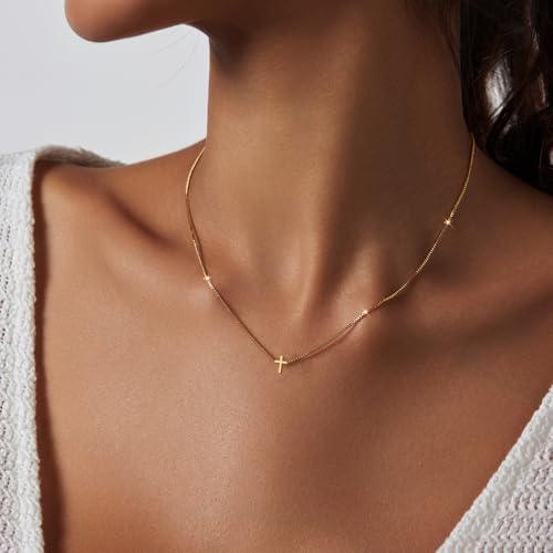 LULII Cross Necklace for Women Dainty 14K Gold Silver Plated Small Cross Pendant Choker Simple Cute Cross Gold Necklace for Women Trendy Faith Jewelry Gift - color: Box Chain Cross-Gold