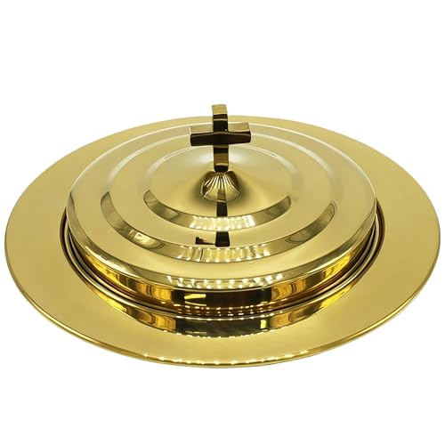 Polished Gold Communion Bread Tray Plate with Cover, Communion plate with lid Church supplies Ware Sets