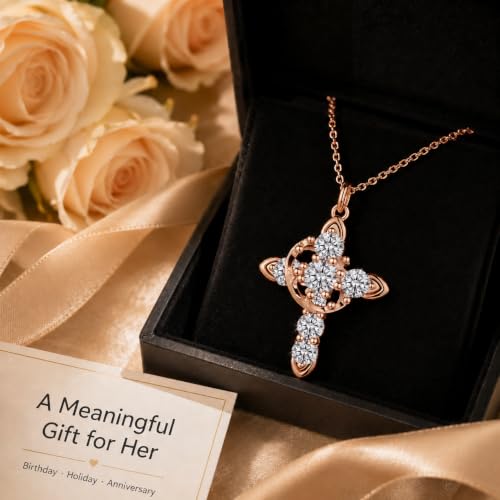 Cross Necklace 18k Gold Plated Christian Faith Jewelry Gift for Women - color: Crown-Rose Gold