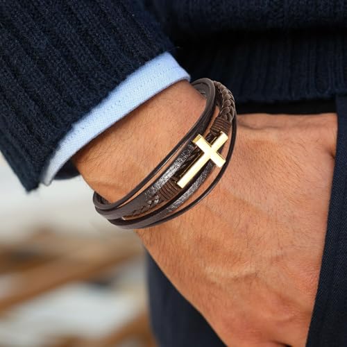 Leather Bracelet for Men Braided Stainless Steel Mens Bracelets - color: Brown-GoldCross
