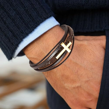 Leather Bracelet for Men Braided Stainless Steel Mens Bracelets - color: Brown-GoldCross