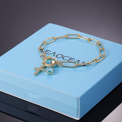 Paperclip Birthstone Cross Charm Bracelet – 18K Gold Plated Link Chain with Cross Charm & Personalized Birthstone, Adjustable Faith Jewelry Gift for Women, Baptism Confirmation Birthday - color: Sep - Sapphire