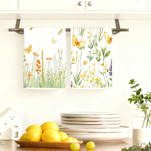 Wildflower Kitchen Towels Set of 4, Butterfly Floral Dish Towels - color: Green Floral